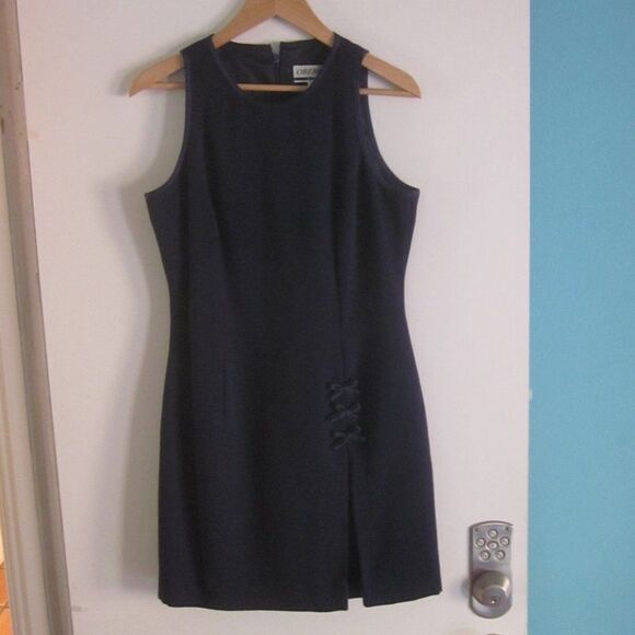Oberon Women Size 8 VINTAGE Classic Navy Career Sheath Dress Sleeveless Rear Zip - Picture 4 of 11